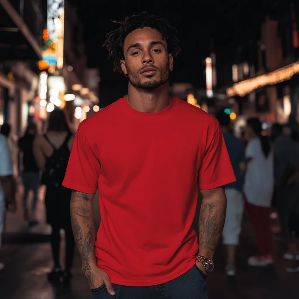 A young man with dark curly hair and tattoos stands on a city street at night. He wears a vibrant red crew-neck t-shirt and dark jeans, his hands in his pockets.  The background is blurred, showing city lights and pedestrians.  His expression is serious and he looks directly at the camera.