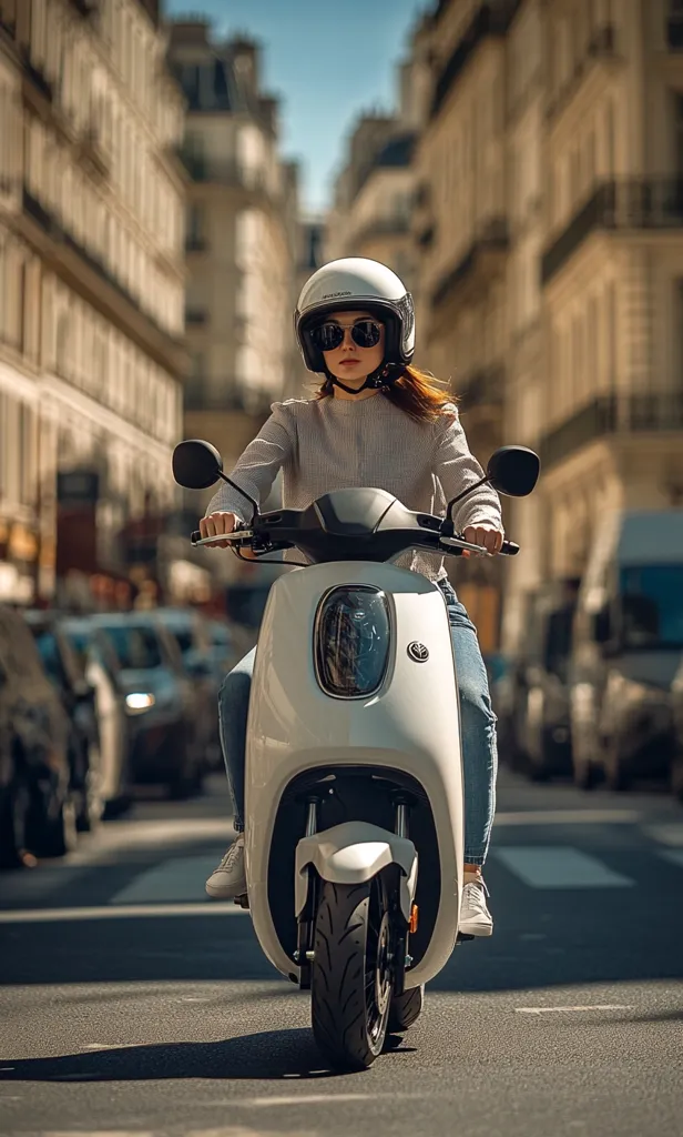 A young woman wearing a white helmet and sunglasses rides a white electric scooter down a Parisian street.  Cars are parked along the sides of the road, and the buildings are typical Parisian architecture.  The scene is bright and sunny, showcasing the sleek design of both the scooter and the woman's attire.  The overall impression is one of stylish urban mobility.