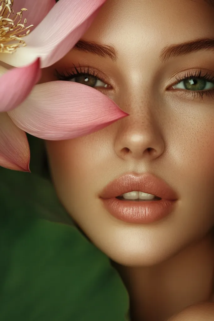Close-up of a woman's face partially covered by a pink lotus petal.  Her skin is luminous and features freckles.  Her eyes are accentuated with natural-looking makeup, and her lips are a soft, nude shade. The background suggests lush greenery. The overall image evokes a sense of natural beauty and serenity.