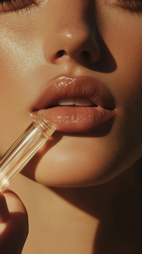 Close-up of a woman applying a clear lip gloss to her full, nude-toned lips.  Sunlight illuminates her face, highlighting her sun-kissed skin and the glossy sheen of the lip product. The image focuses on the application process, emphasizing the texture of both the skin and the lip gloss.  The overall aesthetic is warm and natural.