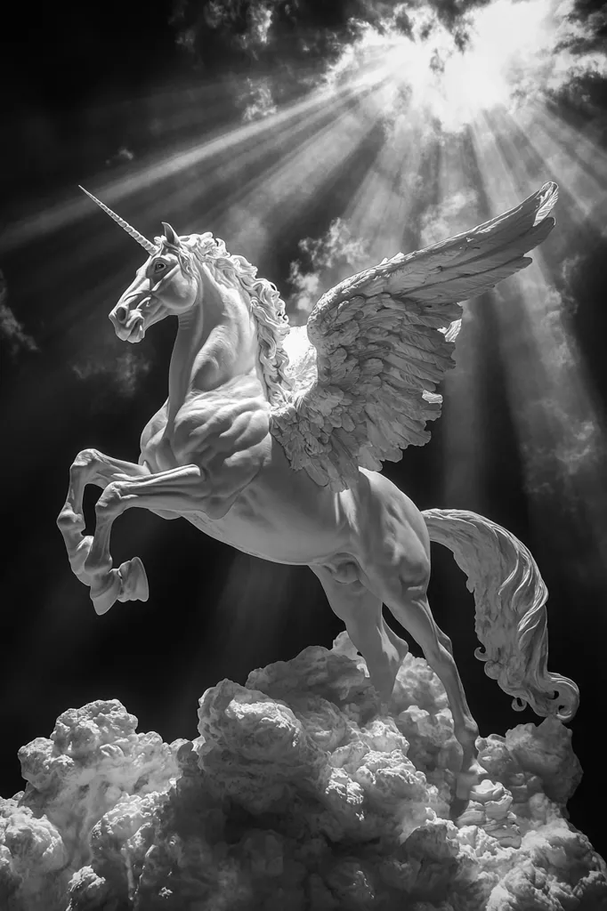 A majestic monochrome statue of a winged unicorn, sculpted in exquisite detail, leaps dynamically amidst stylized clouds.  The unicorn's horn points upward, its powerful legs extended.  Dramatic light rays stream from a bright sky, highlighting the sculpture's form and adding a celestial, ethereal quality to the scene.  The overall effect is one of mythical power and grace.