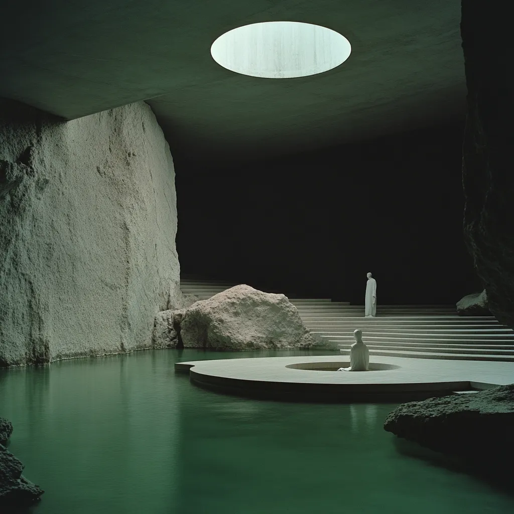 A serene, minimalist architectural space features a pool of dark green water, partially enclosed by a rough-hewn rock face.  Two white statues, one seated and one standing, are positioned on a platform extending into the water.  A stairway leads upwards, illuminated by a single circular skylight, creating a contemplative atmosphere. The overall design is stark and contemplative.