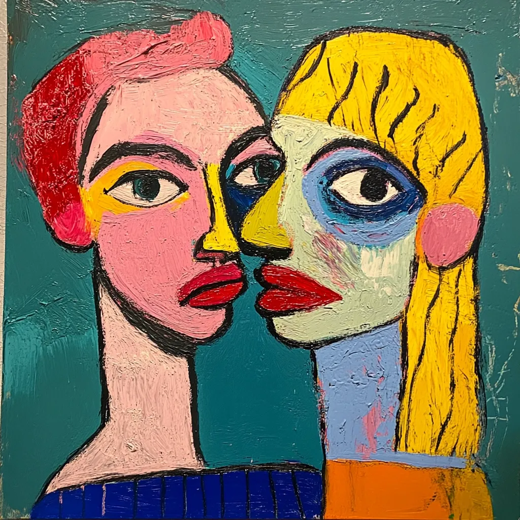 A vibrant, expressive painting depicts two stylized female faces in close proximity.  Bold, impasto brushstrokes create a textured surface with contrasting colors—pink, yellow, blue, and teal—dominating the composition.  The faces are rendered with exaggerated features and simplified forms, indicative of a modern, possibly folk-art style. The overall effect is one of intense intimacy and visual energy.
