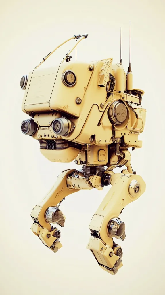 A beige, bipedal robot is depicted against a light background.  Its design is detailed, showing exposed mechanical components and multiple sensors.  The robot appears weathered or aged, with a slightly worn texture.  Antennae extend from its upper body, and its legs end in articulated feet, suggesting maneuverability. The overall style is reminiscent of vintage or retrofuturistic science fiction.