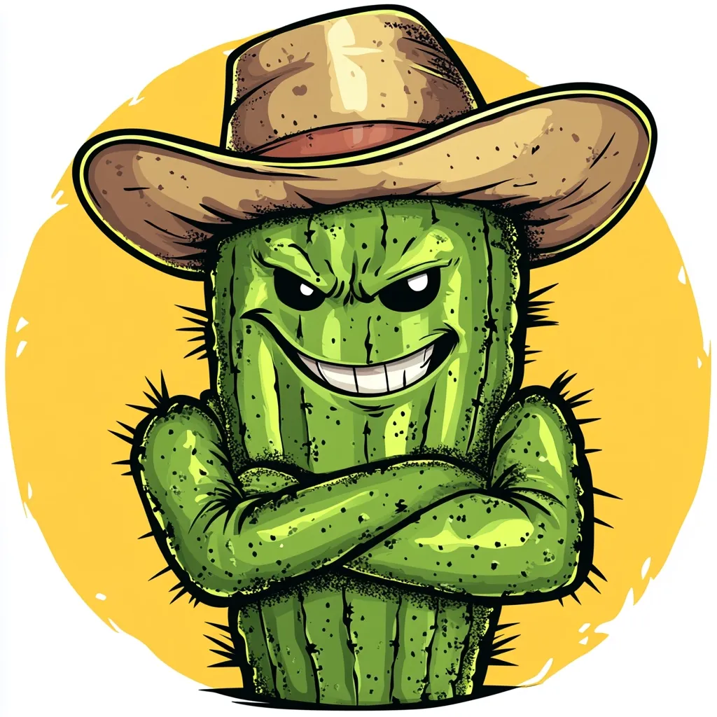 A cartoon illustration depicts a cactus wearing a cowboy hat.  The cactus has a mischievous grin and its arms are crossed, conveying a tough and confident demeanor.  The style is vibrant and stylized, with textured shading and bold outlines. The background is a simple yellow circle, enhancing the cactus's central presence. The overall impression is one of playful Western character design.