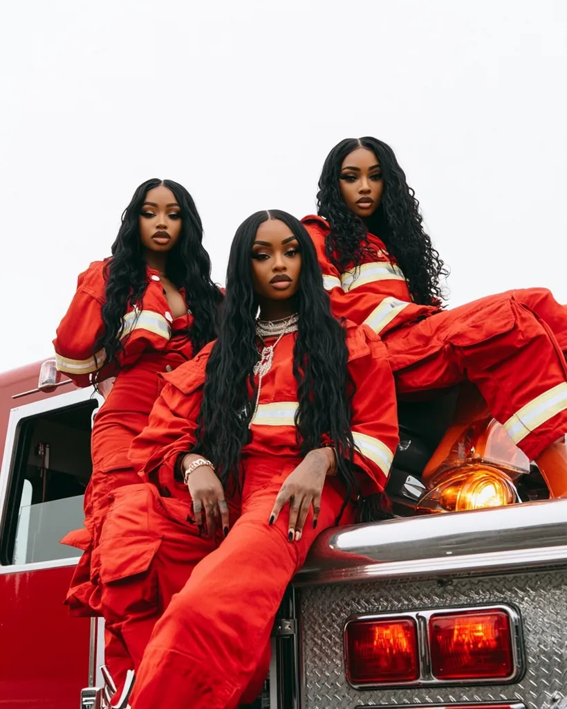 Three Black women with long, dark hair pose on the back of a firetruck.  They wear identical bright red jumpsuits with reflective yellow stripes. The central figure is seated, while the others stand behind her. The image is striking, highlighting the women's bold style against the vibrant red backdrop.  The overall aesthetic is powerful and confident.