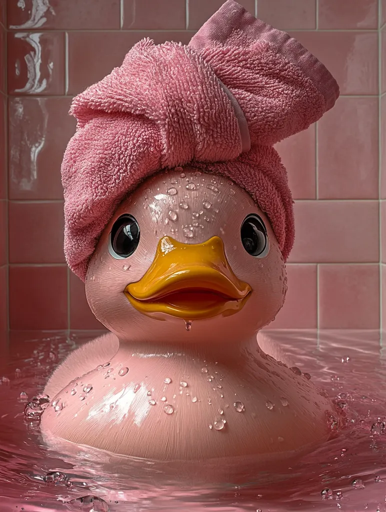 A pink rubber duck sits in a pink bathtub, its head wrapped in a matching pink towel. Water droplets cling to its body, and small bubbles surround it. The duck has large, expressive eyes and a bright yellow beak. The scene is set against a backdrop of pink tiled walls, creating a cohesive and aesthetically pleasing image.