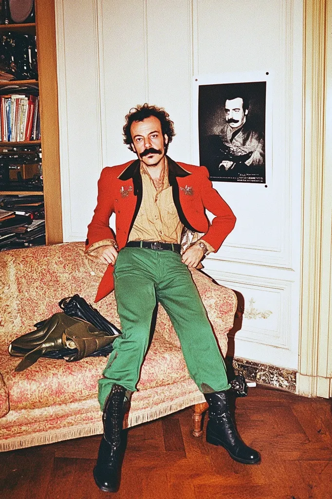 A man with a prominent mustache sits on a floral patterned chaise lounge. He's dressed in a vibrant red jacket, a beige shirt, and striking green pants, complemented by black boots. A poster of a man in period attire hangs on the wall behind him, adding a layer of intrigue to the scene. The setting appears to be an elegant, possibly antique-filled room, suggesting a sophisticated and possibly artistic atmosphere.  The overall image is one of stylish, possibly bohemian, confidence.