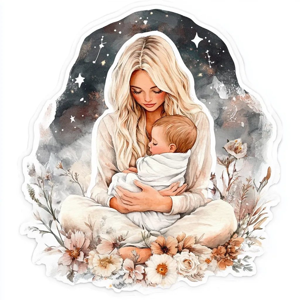 A watercolor illustration depicts a blonde mother gently cradling her baby, swaddled in a white blanket.  She sits serenely amidst a bed of soft, neutral-toned flowers against a dreamy, starlit night sky backdrop. The image evokes a feeling of peace, love, and maternal tenderness. The style is delicate and romantic, perfect for a mother's day card or a nursery decoration.