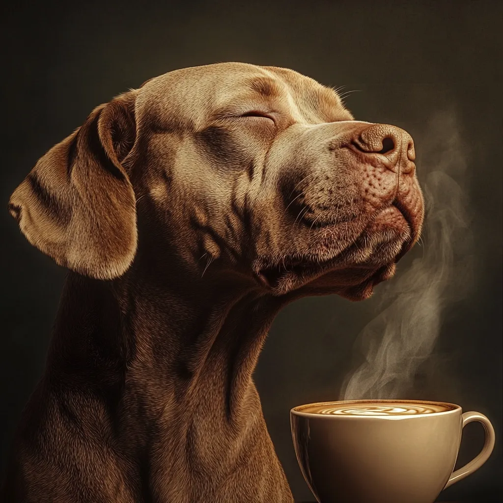 A light brown dog, possibly a Vizsla, sits with its eyes closed, enjoying the aroma of a steaming cup of cappuccino.  The dog's relaxed posture and contented expression suggest a moment of peaceful enjoyment. The dark background enhances the warm tones of the dog and the coffee. The image is artistically lit, creating a mood of tranquility and warmth.