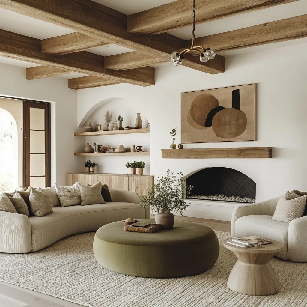 A serene living room boasts a curved beige sofa, a sage green ottoman, and two cream armchairs.  A wooden mantelpiece sits beneath a minimalist artwork above a fireplace.  Built-in shelving displays potted plants and decorative objects.  The room features a wood-beamed ceiling and large windows leading to the outdoors.  A neutral color palette and natural textures create a calming ambiance.