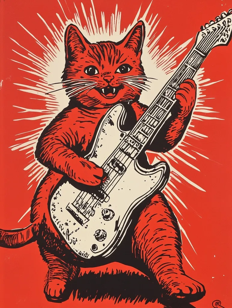 A vibrant red illustration depicts a grinning ginger cat intensely playing a white electric guitar against a bold red background.  The cat's expression is playful yet focused, its paws firmly gripping the instrument.  Bold black lines and stark color contrast create a striking, almost woodcut-like aesthetic.  The radiating lines behind the cat add to the dynamic energy of the image.
