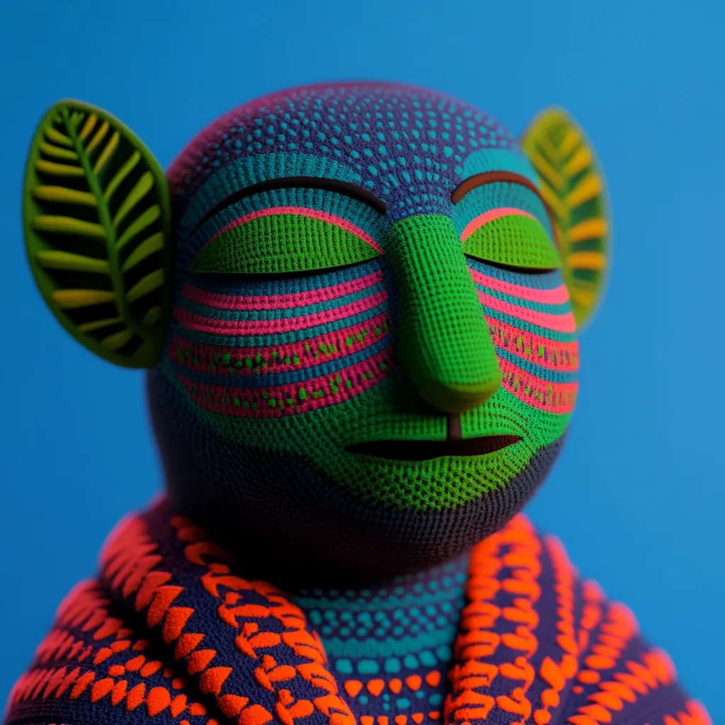 A vibrant, textured sculpture resembling a stylized face is depicted against a solid blue backdrop.  The figure possesses leaf-like ear protrusions and is adorned in bright, multicolored patterns predominantly in shades of green, pink, orange, and teal.  The face is serene with closed eyes, and the textured surface suggests a knitted or crocheted material.  The figure is wrapped in a similarly patterned scarf or shawl.