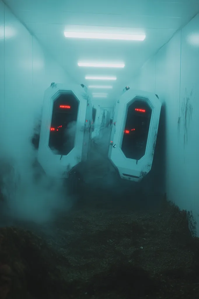 Two white, futuristic, box-shaped pods emit steam in a dimly lit, teal-colored corridor.  The pods have red digital readouts on their faces. The corridor is long and narrow, with fluorescent lights overhead casting an eerie glow.  The ground is dark and uneven, suggesting a derelict or abandoned setting. The overall atmosphere is mysterious and slightly unsettling.