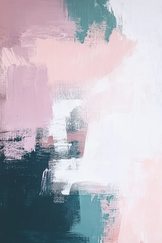 An abstract painting in soft hues of pink, teal, and white.  Thick, visible brushstrokes create a textured surface. The colors blend and layer, creating a sense of depth and movement.  The overall effect is calming and serene, with a minimalist aesthetic. The composition is largely non-representational, allowing for varied interpretations.