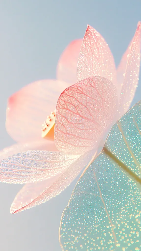 A close-up shot reveals the delicate petals of a lotus flower, adorned with tiny water droplets that glisten in the sunlight.  The petals are a soft pink, almost translucent, showcasing intricate vein patterns.  A teal-toned leaf is visible in the background, also speckled with moisture. The overall effect is one of ethereal beauty and gentle serenity.