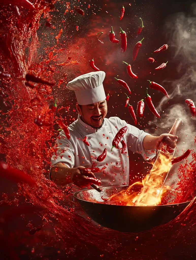 A chef, wearing a white toque, enthusiastically stirs a fiery wok filled with red chili peppers and a vibrant red liquid.  Red chili peppers are flung into the air, creating a dynamic, splashing effect around him.  The scene is dramatic, with flames and smoke adding to the intense atmosphere, suggesting a spicy and exciting culinary experience.