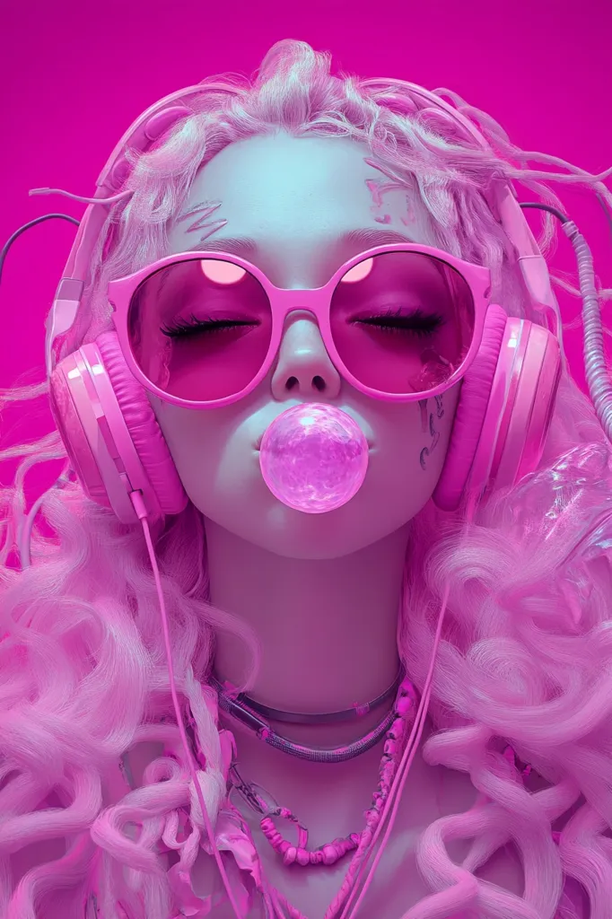 A vibrant pink-toned portrait of a young woman with voluminous, curly pink hair. She wears oversized pink sunglasses, pink headphones, and multiple layered necklaces.  Her eyes are closed, and she's blowing a bubble of pink gum. The overall aesthetic is playful and futuristic, with a strong emphasis on the color pink.