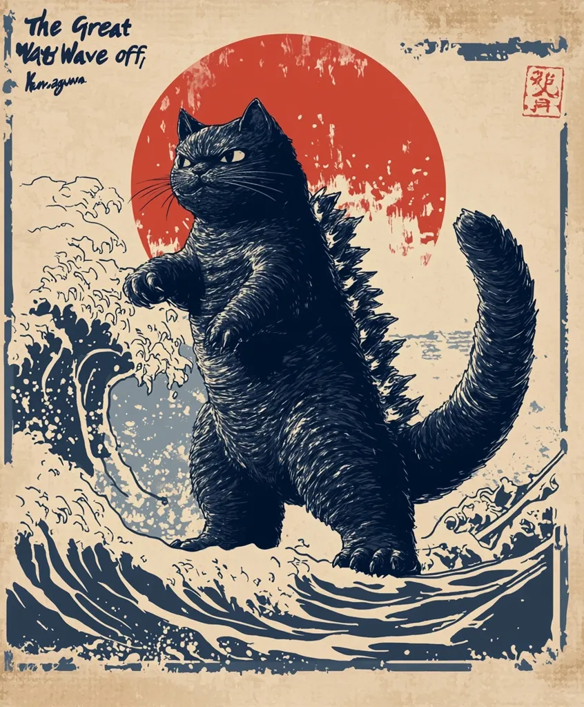 A stylized illustration in the style of a classic Japanese woodblock print depicts a Godzilla-like cat standing amidst a large wave.  The cat, rendered in deep blues and blacks, faces left against a backdrop of a red sun.  The title "The Great Wave off Kanagawa" is visible, playfully referencing the famous Hokusai artwork, but with a feline twist. The overall aesthetic is vintage and humorous.