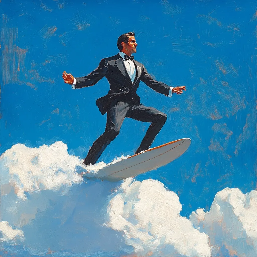 A man in a tuxedo surfs on a surfboard above a sea of clouds against a vibrant blue sky.  The painting style is impressionistic, with visible brushstrokes, creating a dynamic and surreal scene.  The man's pose suggests a sense of effortless grace and confidence as he rides the clouds.  The overall mood is one of playful sophistication and freedom.