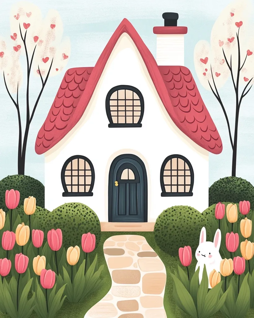 A charming white cottage with a red roof sits nestled amongst blooming tulips and lush greenery.  Two flowering trees flank the house, their branches adorned with tiny hearts. A small, white rabbit sits peacefully amidst the flowers near a stone pathway leading to the cottage's dark blue door.  The overall scene evokes a feeling of springtime warmth and tranquility.
