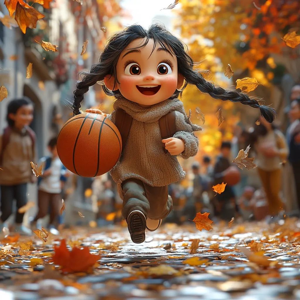A cheerful, large-eyed cartoon girl with pigtails joyfully runs down an autumnal street, clutching a basketball.  Falling leaves swirl around her as she dashes past blurred figures, creating a vibrant and whimsical scene.  Her backpack and warm sweater suggest a brisk, autumn day. The overall mood is playful and energetic.