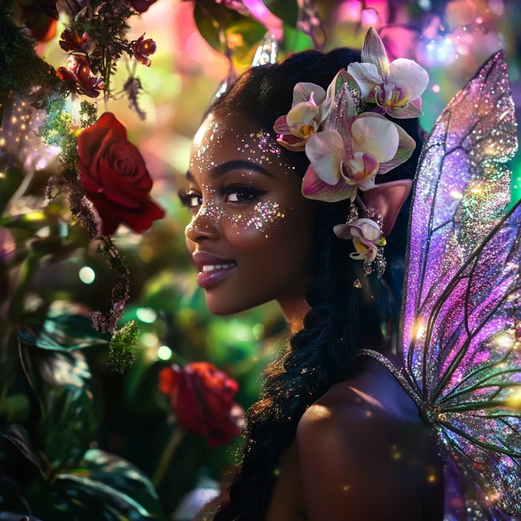 A captivating portrait of a dark-skinned fairy, adorned with glittering makeup and delicate orchid blossoms in her hair.  Her iridescent purple fairy wings shimmer, adding to the magical atmosphere.  She's surrounded by lush, dark foliage and roses, creating a mystical and enchanting scene.  Her expression is soft and alluring, hinting at a whimsical and ethereal beauty.