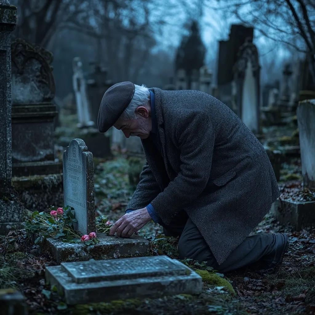 An elderly man, wearing a dark coat and cap, kneels before a gravestone in a somber cemetery.  He gently places a small bouquet of pink roses at the base of the weathered stone.  The atmosphere is gloomy and quiet, emphasizing the man's grief and the solemnity of the setting.  The scene evokes a sense of loss and remembrance.