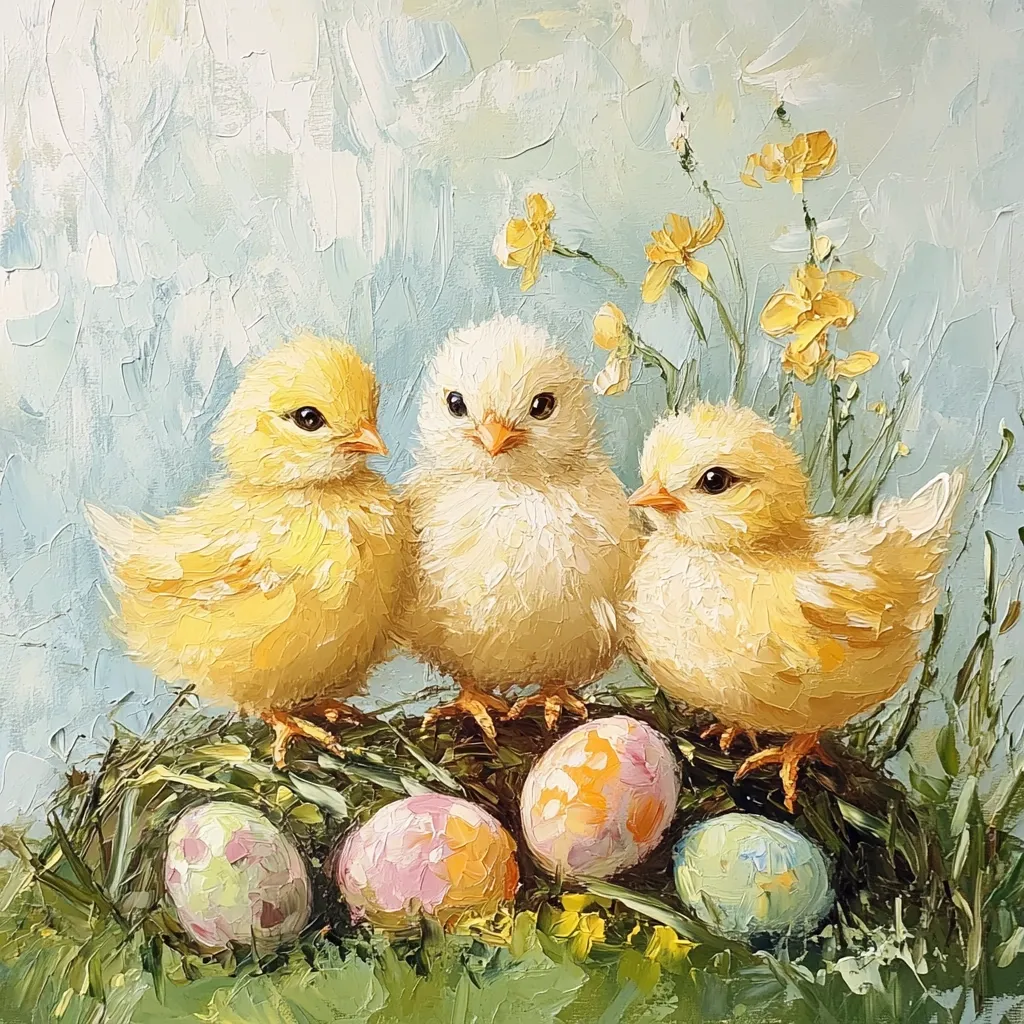 A charming oil painting depicts three fluffy yellow chicks nestled together amidst a bed of green grass and colorful Easter eggs.  Delicate yellow wildflowers sprout nearby, adding to the springtime ambiance. The chicks are realistically rendered, with soft, textured fur and expressive eyes. The overall palette is light and airy, evoking a feeling of warmth and cheer.