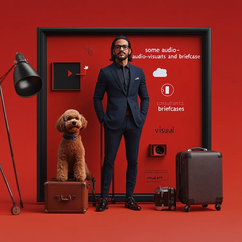 A stylish man in a dark suit stands confidently beside a fluffy brown poodle perched on a vintage suitcase.  The scene is set against a vibrant red backdrop featuring a large framed artwork incorporating visual elements related to audio-visual media and briefcases.  Additional luggage is present, suggesting travel or professional mobility. The overall aesthetic is clean, modern, and sophisticated.