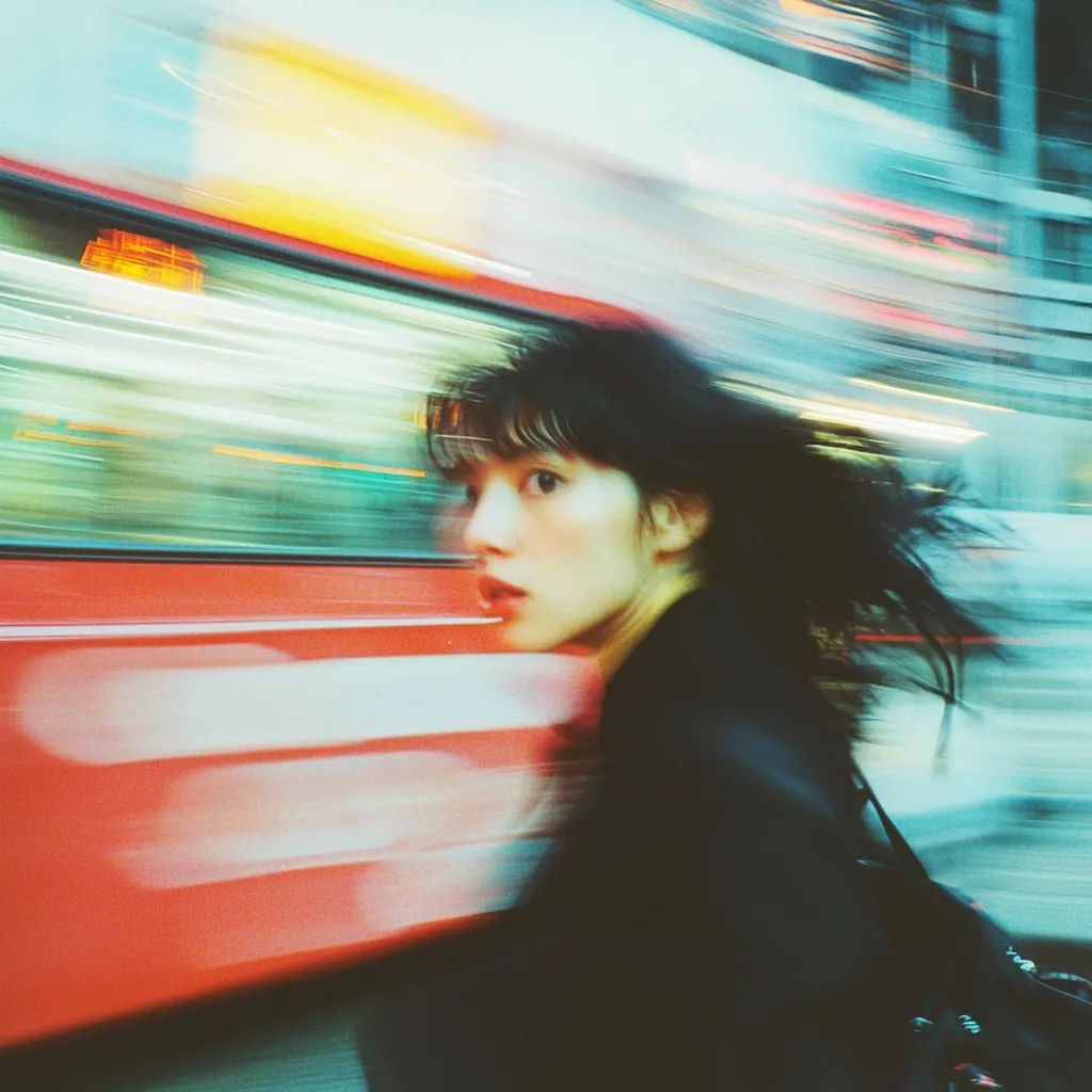 A young woman with dark hair is captured in motion, her face partially visible as she seems to run alongside a blurred, red bus.  The image is vibrant with streaks of color and motion blur, suggesting a bustling city environment.  The overall effect is dynamic and evokes a feeling of speed and energy.  The style is reminiscent of film photography.