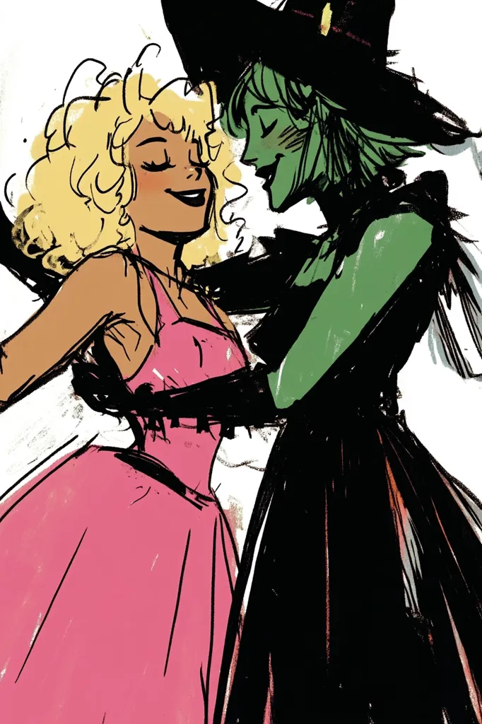 A stylized illustration depicts a joyful embrace between two women. One, with blonde, curly hair, wears a vibrant pink dress. The other, green-skinned, is adorned in a black, witch-like ensemble complete with a pointed hat.  Their expressions are tender and loving, suggesting a close relationship or romantic connection. The artwork's bold lines and contrasting colors create a dynamic and expressive scene.