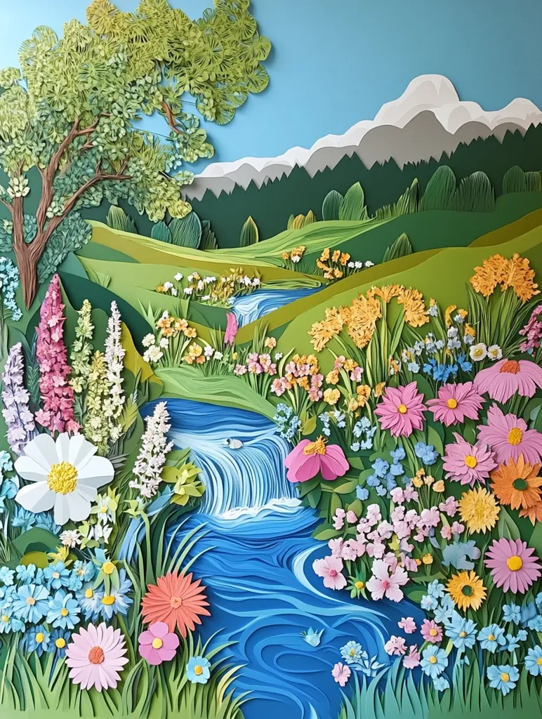 A vibrant paper-cut artwork depicts a serene landscape.  A meandering stream, cascading into a small waterfall, flows through a lush valley filled with meticulously crafted flowers in various colors and species.  A verdant tree stands prominently to the left, while rolling hills and distant mountains form a tranquil backdrop under a clear blue sky. The intricate detail and layered textures showcase the artist's skill in paper art.