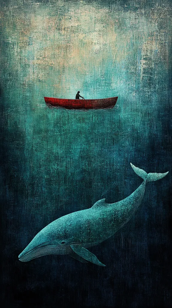 A solitary figure rows a small red boat across a tranquil, teal sea.  Beneath the surface, a large whale swims peacefully, its form a striking contrast to the tiny vessel above. The textured background evokes a sense of depth and mystery, creating a serene yet subtly powerful image.  The overall mood is contemplative and hints at the vastness of the ocean and the insignificance, yet importance, of human life within it.