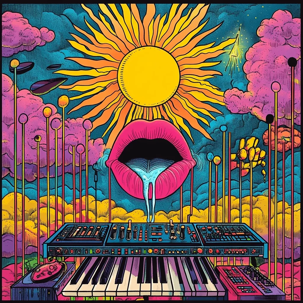 A vibrant psychedelic artwork features a large, open mouth dripping a viscous substance onto a synthesizer keyboard.  A radiant sun dominates the upper portion, surrounded by colorful clouds and slender, topped poles.  The overall style is reminiscent of 1960s counter-culture art, blending surreal imagery with musical instrumentation.  The color palette is intensely saturated, employing contrasting hues to create a visually stimulating effect.