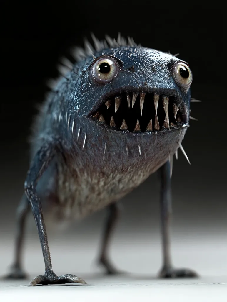 A digital rendering depicts a small, monstrous creature.  Its body is dark bluish-grey, covered in small spines, and possesses large, expressive eyes.  A prominent feature is its wide mouth filled with sharp, pointed teeth.  The creature's thin legs end in clawed feet, giving it a menacing, yet somewhat comical appearance.  The background is dark, contrasting with the creature’s detailed texture.