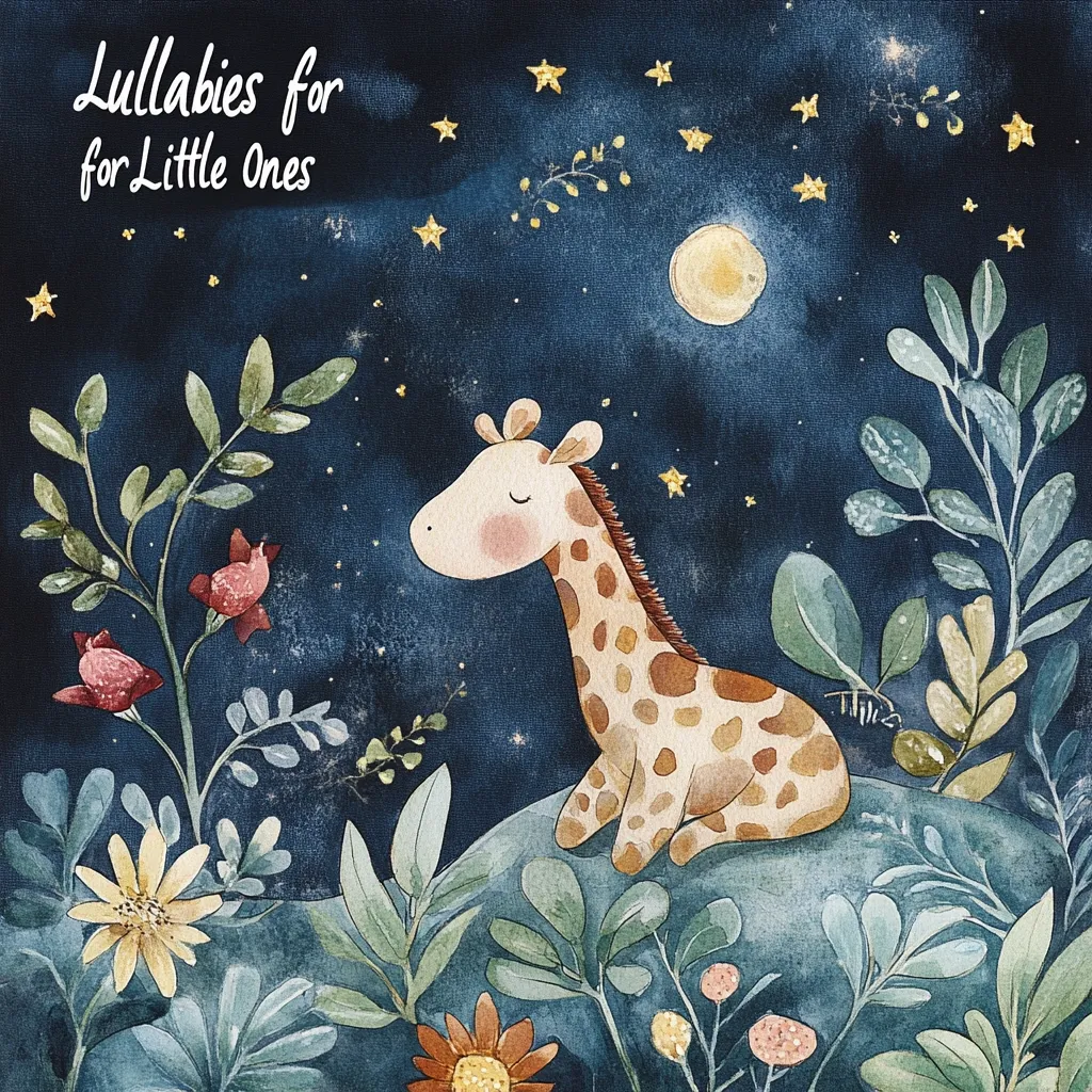 A watercolor illustration titled "Lullabies for Little Ones" depicts a serene scene. A gentle giraffe sits on a small hill amidst lush, stylized foliage under a night sky dotted with stars and a full moon.  The artwork uses soft, muted colors and evokes a calm, peaceful atmosphere, perfect for a children's book or nursery decor.