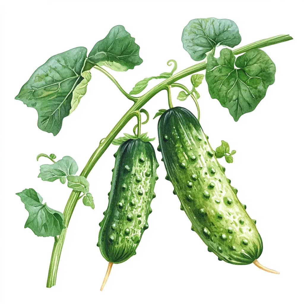 A watercolor painting depicts two cucumbers growing on a vine.  The cucumbers are dark green with noticeable bumps and are attached to a green stem with large, vibrant leaves.  The vine is depicted with detail, showcasing the plant's growth and the cucumbers' position on the branch. The background is plain white, emphasizing the vivid colors of the painting.