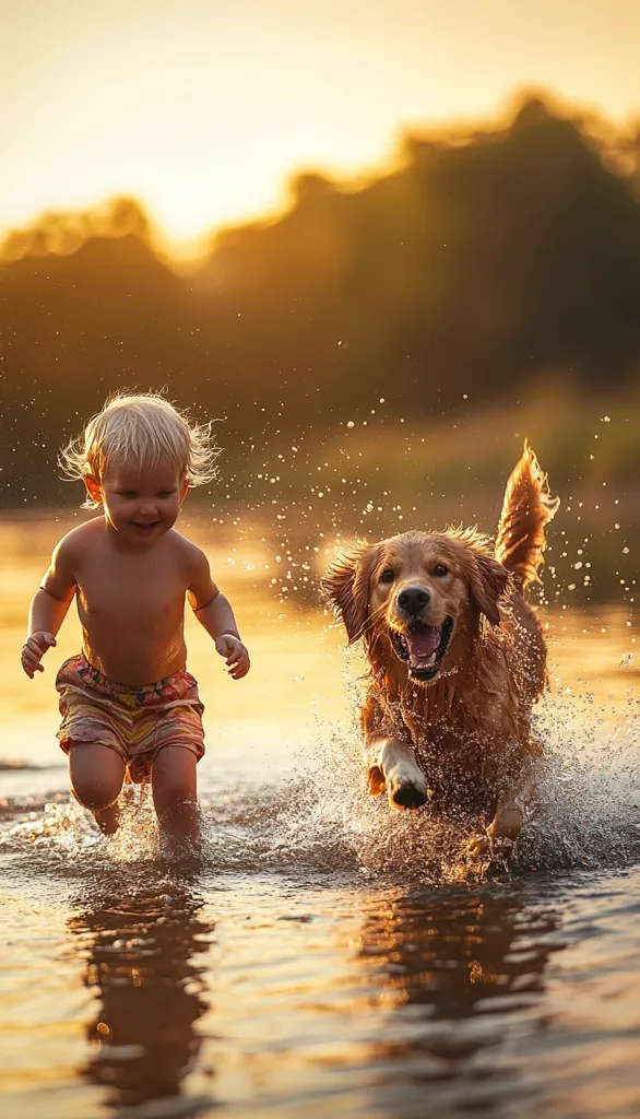 A toddler and a golden retriever run playfully through shallow water at sunset.  The child, wearing colorful shorts, laughs as the dog splashes through the water beside them.  The warm golden light casts a beautiful glow on the scene, creating a heartwarming image of childhood joy and animal companionship.  Water droplets sparkle in the air as they run.
