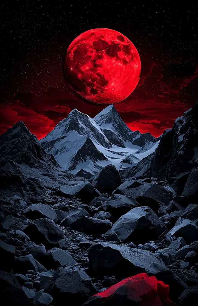 A colossal, blood-red moon dominates a night sky strewn with stars, casting an eerie glow over a stark, mountainous landscape.  Snow-capped peaks rise majestically, their sharp silhouettes contrasting with the dark, rocky foreground.  The overall scene evokes a sense of otherworldly mystery and dramatic beauty.