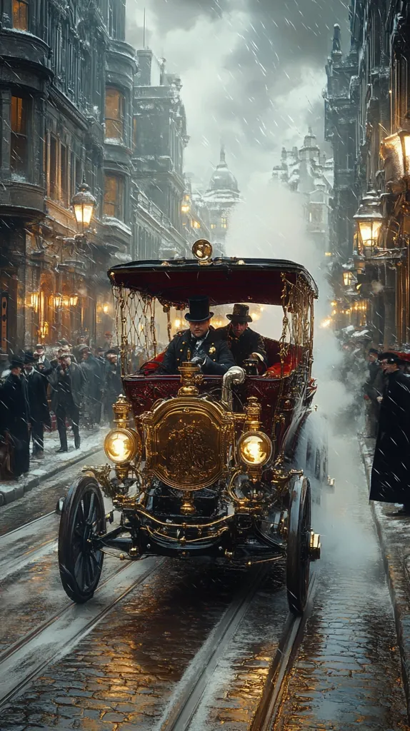 A lavish, gold-accented horse-drawn carriage, possibly steam-powered, navigates a snow-covered cobblestone street in a bustling 19th-century city.  Two elegantly dressed men occupy the carriage, while pedestrians in period attire fill the sidewalks under gas lamps.  The scene is atmospheric, with falling snow adding to the period drama.  The carriage's ornate details and the city's architecture evoke a sense of opulence and history.