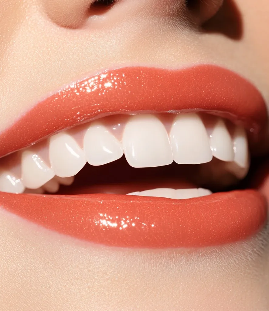 Close-up of a woman's mouth showcasing a radiant smile.  Her perfectly aligned, bright white teeth are accentuated by a glossy, coral-toned lip gloss. The smooth application of the lip gloss and the even skin tone create a flawless and beautiful image. The overall impression is one of health, beauty, and confidence.