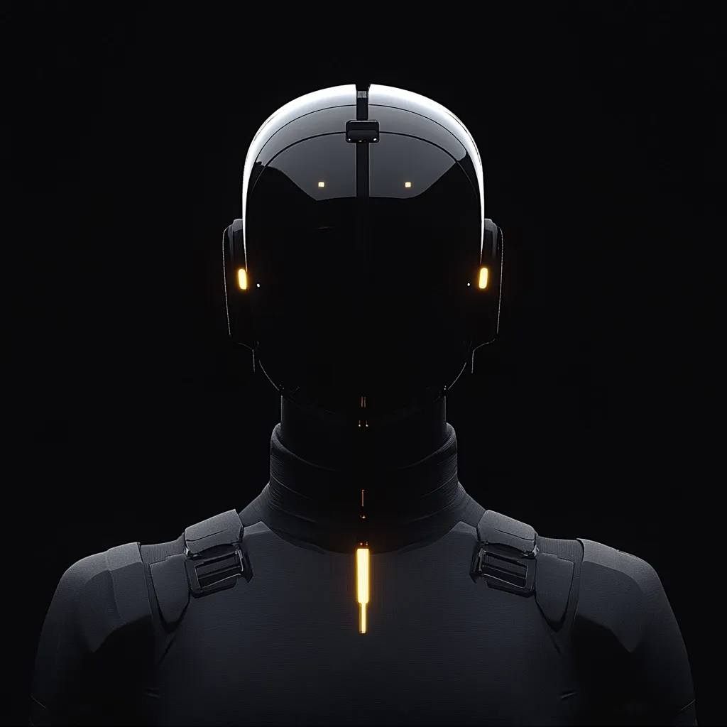 A sleek, black robotic figure dominates the dark frame.  The robot's helmet is glossy, reflecting minimal light, with subtle orange accents illuminating its contours.  The suit is armored, suggesting a protective function. The overall aesthetic is minimalist and futuristic, emphasizing a sense of mystery and technological advancement.  The image is stark, highlighting the robot's imposing form against the black background.