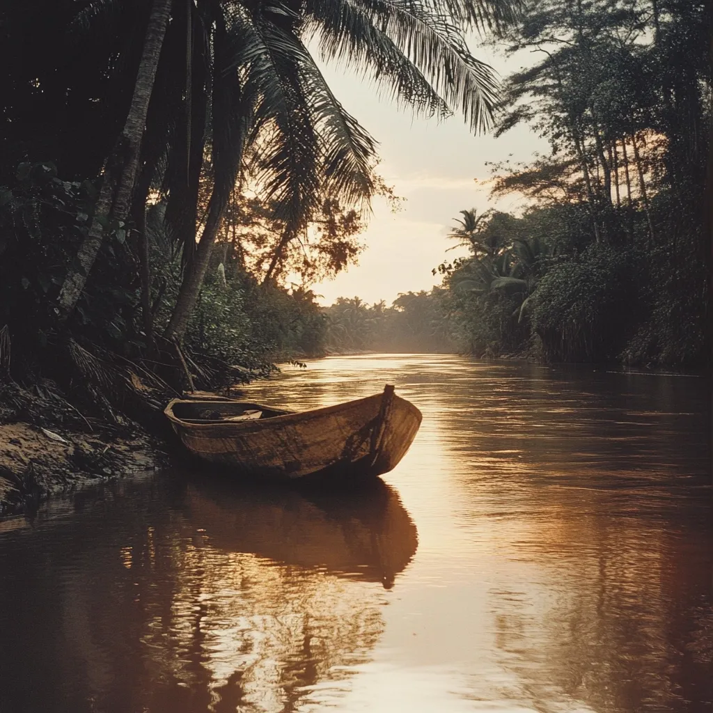 A weathered wooden canoe rests peacefully on the banks of a calm river, nestled amongst lush tropical vegetation.  The setting sun casts a warm golden glow on the water, creating a serene and tranquil atmosphere.  Palm trees overhang the riverbank, their shadows stretching across the scene.  The image evokes a sense of quiet solitude and the beauty of untouched nature.