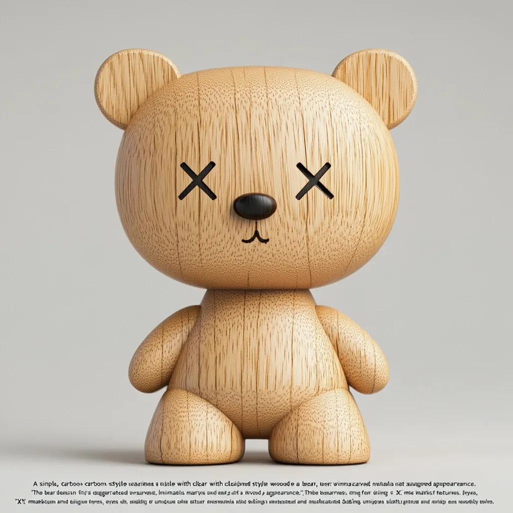 A charming wooden teddy bear, crafted in a simple cartoon style, stands against a light gray background.  Its design is minimalist, featuring a light brown wood grain texture and simple black X's for eyes. The bear's round body and small details give it a cute and playful appearance.  The overall style is clean and modern.