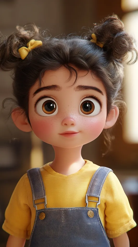 A 3D-rendered image of a cute, young girl.  She has large, expressive brown eyes, rosy cheeks, and dark hair styled in two adorable buns adorned with yellow bows.  She's wearing a bright yellow short-sleeved shirt and denim overalls. The girl's features are soft and realistic, giving her a charming, innocent look. The overall style is appealing and reminiscent of children's animation.