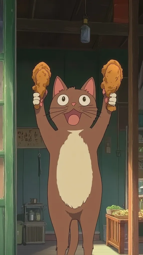 A cheerful cartoon cat, brown with a light beige belly, joyfully holds up two golden-brown fried chicken legs in each paw.  Its wide eyes and open mouth express pure delight. The cat stands in a quaint, dimly lit room, possibly a kitchen or shop, with simple wooden furnishings visible in the background.  The overall style suggests a scene from an anime or animated film.