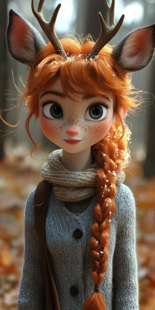 A digital rendering of a cute, stylized girl with deer antlers and bright orange hair styled in a long braid. She has large, expressive eyes, freckles, and rosy cheeks.  She's wearing a grey knitted cardigan and a beige scarf, giving a warm, autumnal feel.  The background suggests a forest setting with fallen leaves.  The image is charming and whimsical.