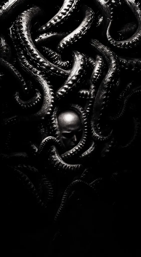A black and white image depicts a bald, serene head enveloped by a mass of dark, tentacle-like forms.  The tentacles, textured and seemingly organic, create a claustrophobic and ominous atmosphere. The contrast between the smooth head and the rough texture of the surrounding mass emphasizes the unsettling nature of the scene.  The overall mood is dark, mysterious, and suggestive of entrapment or a struggle for freedom.