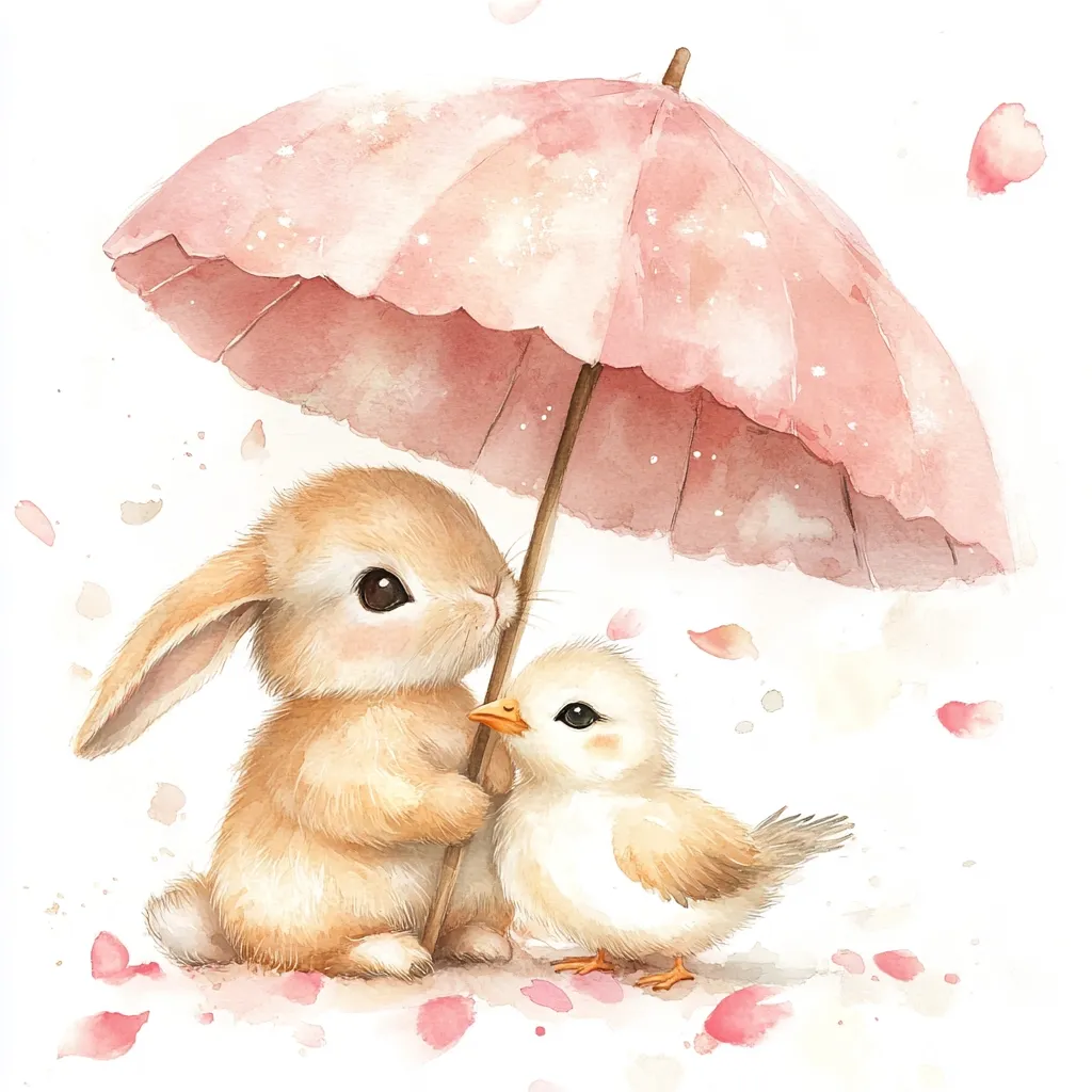 A watercolor painting depicts an adorable bunny and chick sharing a delicate pink umbrella amidst falling pink petals.  The bunny, with soft, light brown fur, gently holds the umbrella while the small, fluffy chick stands beside it.  The scene evokes a sense of gentleness and springtime charm.  The style is whimsical and sweet, perfect for children's art or nursery decor.